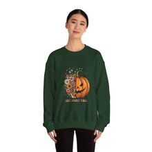 Load image into Gallery viewer, Pumpkin Flower Crewneck Sweatshirt | Cozy Spooky Vibes | Fall Fashion, Halloween Sweatshirt, Unisex Apparel, Autumn Gift, Festival Wear