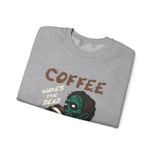 Load image into Gallery viewer, Zombies & Coffee Crewneck Sweatshirt, Unique Gift for Coffee Lovers, Fun Graphic Sweatshirt, Halloween Apparel, Cozy Unisex Top