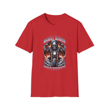 Load image into Gallery viewer, Gothic Motorcycle Tee, Unisex Softstyle T-Shirt for Bikers, Perfect Gift for Riders, Festival Wear, Casual Street Style, Skull Design