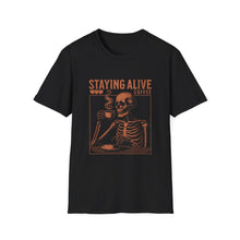 Load image into Gallery viewer, Stay Alive Coffee Skeleton T-Shirt | Unisex Casual Tee | Perfect Gift for Coffee Lovers, Halloween, & Quirky Fashion