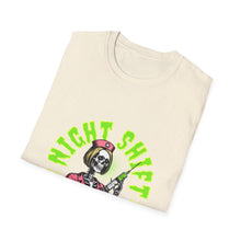Load image into Gallery viewer, Halloween Night Shift Skeleton T-Shirt, Unisex Graphic Tee, Spooky Shirt for Halloween, Gifts for Nurses, Night Owls