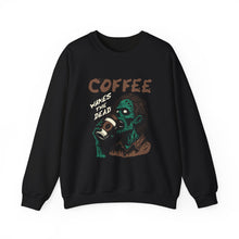 Load image into Gallery viewer, Zombies & Coffee Crewneck Sweatshirt, Unique Gift for Coffee Lovers, Fun Graphic Sweatshirt, Halloween Apparel, Cozy Unisex Top