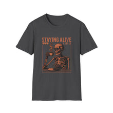 Load image into Gallery viewer, Stay Alive Coffee Skeleton T-Shirt | Unisex Casual Tee | Perfect Gift for Coffee Lovers, Halloween, & Quirky Fashion