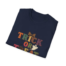 Load image into Gallery viewer, Halloween Trick or Treat Unisex Softstyle T-Shirt | Fun Halloween Tee, Spooky Shirt, Fall Apparel, Trick or Treat Shirt, Costume Party Top