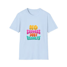 Load image into Gallery viewer, Motivational Unisex Softstyle T-Shirt - "No Excuses Just Results", Gym Shirt, Fitness Apparel, Casual Wear, Gift for Athletes