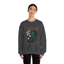 Load image into Gallery viewer, Zombies & Coffee Crewneck Sweatshirt, Unique Gift for Coffee Lovers, Fun Graphic Sweatshirt, Halloween Apparel, Cozy Unisex Top