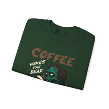 Load image into Gallery viewer, Zombies & Coffee Crewneck Sweatshirt, Unique Gift for Coffee Lovers, Fun Graphic Sweatshirt, Halloween Apparel, Cozy Unisex Top