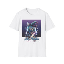 Load image into Gallery viewer, Magical Cat T-Shirt, Unisex Softstyle Tee, Halloween Costume Shirt, Wizard Cat Apparel, Gift for Cat Lovers, Witch Kitty Tee
