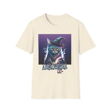 Load image into Gallery viewer, Magical Cat T-Shirt, Unisex Softstyle Tee, Halloween Costume Shirt, Wizard Cat Apparel, Gift for Cat Lovers, Witch Kitty Tee