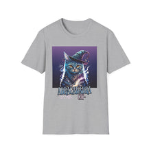 Load image into Gallery viewer, Magical Cat T-Shirt, Unisex Softstyle Tee, Halloween Costume Shirt, Wizard Cat Apparel, Gift for Cat Lovers, Witch Kitty Tee