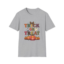 Load image into Gallery viewer, Halloween Trick or Treat Unisex Softstyle T-Shirt | Fun Halloween Tee, Spooky Shirt, Fall Apparel, Trick or Treat Shirt, Costume Party Top