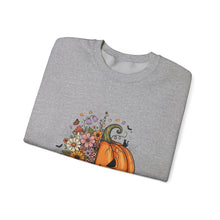 Load image into Gallery viewer, Pumpkin Flower Crewneck Sweatshirt | Cozy Spooky Vibes | Fall Fashion, Halloween Sweatshirt, Unisex Apparel, Autumn Gift, Festival Wear