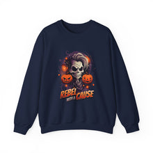 Load image into Gallery viewer, Rebel with a Cause Crewneck Sweatshirt | Halloween Sweatshirt, Unisex Fall Apparel, Cozy Casual Wear, Spooky Season Clothing, Gothic Style