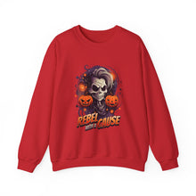 Load image into Gallery viewer, Rebel with a Cause Crewneck Sweatshirt | Halloween Sweatshirt, Unisex Fall Apparel, Cozy Casual Wear, Spooky Season Clothing, Gothic Style