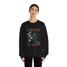 Load image into Gallery viewer, Zombies & Coffee Crewneck Sweatshirt, Unique Gift for Coffee Lovers, Fun Graphic Sweatshirt, Halloween Apparel, Cozy Unisex Top