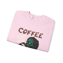 Load image into Gallery viewer, Zombies & Coffee Crewneck Sweatshirt, Unique Gift for Coffee Lovers, Fun Graphic Sweatshirt, Halloween Apparel, Cozy Unisex Top