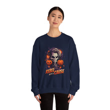 Load image into Gallery viewer, Rebel with a Cause Crewneck Sweatshirt | Halloween Sweatshirt, Unisex Fall Apparel, Cozy Casual Wear, Spooky Season Clothing, Gothic Style