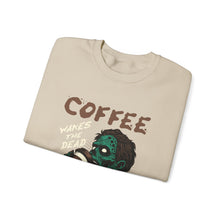 Load image into Gallery viewer, Zombies & Coffee Crewneck Sweatshirt, Unique Gift for Coffee Lovers, Fun Graphic Sweatshirt, Halloween Apparel, Cozy Unisex Top