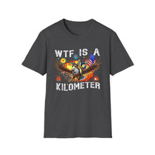Load image into Gallery viewer, Witty Graphic Tee - "WTF is a Kilometer?" | Unisex Softstyle T-Shirt for Travel Lovers, Funnies, Humor Gifts, Casual Wear, Everyday Use