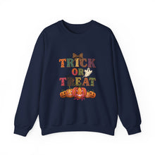Load image into Gallery viewer, Halloween Trick or Treat Sweatshirt, Cozy Fall Crewneck, Unisex Casual Wear, Perfect for Halloween Parties, Pumpkin Lovers Gift