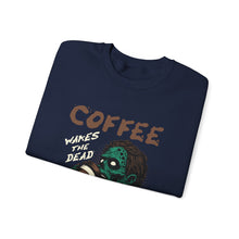 Load image into Gallery viewer, Zombies & Coffee Crewneck Sweatshirt, Unique Gift for Coffee Lovers, Fun Graphic Sweatshirt, Halloween Apparel, Cozy Unisex Top