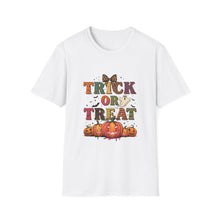 Load image into Gallery viewer, Halloween Trick or Treat Unisex Softstyle T-Shirt | Fun Halloween Tee, Spooky Shirt, Fall Apparel, Trick or Treat Shirt, Costume Party Top