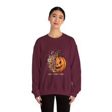 Load image into Gallery viewer, Pumpkin Flower Crewneck Sweatshirt | Cozy Spooky Vibes | Fall Fashion, Halloween Sweatshirt, Unisex Apparel, Autumn Gift, Festival Wear