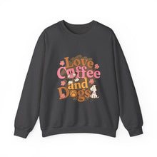 Load image into Gallery viewer, Love Coffee and Dogs Crewneck Sweatshirt, Cozy Gift for Dog Lovers, Perfect for Fall/Winter, Pet Lovers Apparel, Casual Lounge Wear