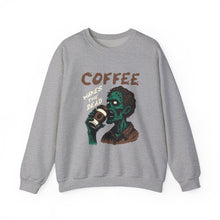 Load image into Gallery viewer, Zombies & Coffee Crewneck Sweatshirt, Unique Gift for Coffee Lovers, Fun Graphic Sweatshirt, Halloween Apparel, Cozy Unisex Top