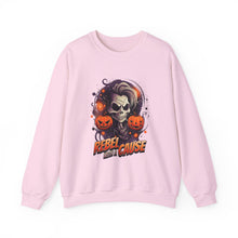 Load image into Gallery viewer, Rebel with a Cause Crewneck Sweatshirt | Halloween Sweatshirt, Unisex Fall Apparel, Cozy Casual Wear, Spooky Season Clothing, Gothic Style
