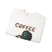 Load image into Gallery viewer, Zombies & Coffee Crewneck Sweatshirt, Unique Gift for Coffee Lovers, Fun Graphic Sweatshirt, Halloween Apparel, Cozy Unisex Top