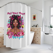 Load image into Gallery viewer, Black Girl Magic Shower Curtain - Pray Wait Trust - Boho Bathroom Decor, Inspirational Home Decor, Gift for Her, Butterfly Art