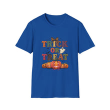 Load image into Gallery viewer, Halloween Trick or Treat Unisex Softstyle T-Shirt | Fun Halloween Tee, Spooky Shirt, Fall Apparel, Trick or Treat Shirt, Costume Party Top