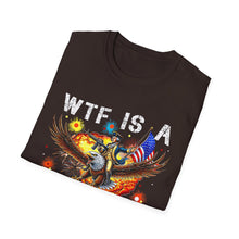 Load image into Gallery viewer, Witty Graphic Tee - "WTF is a Kilometer?" | Unisex Softstyle T-Shirt for Travel Lovers, Funnies, Humor Gifts, Casual Wear, Everyday Use