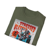 Load image into Gallery viewer, Stressed & Blessed True Crime Obsessed T-Shirt, Graphic Tee for True Crime Lovers, Gift for Stay-at-Home Days, Casual Wear, Gift for Friends