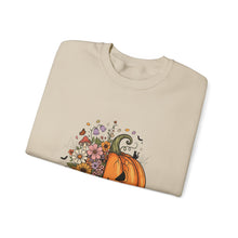 Load image into Gallery viewer, Pumpkin Flower Crewneck Sweatshirt | Cozy Spooky Vibes | Fall Fashion, Halloween Sweatshirt, Unisex Apparel, Autumn Gift, Festival Wear