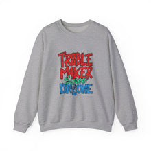 Load image into Gallery viewer, Troublemaker Crewneck Sweatshirt | Comfortable Casual Wear, Fun Gift, Holiday Sweatshirt, Unique Fashion, Day One Wear