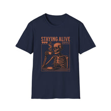 Load image into Gallery viewer, Stay Alive Coffee Skeleton T-Shirt | Unisex Casual Tee | Perfect Gift for Coffee Lovers, Halloween, & Quirky Fashion