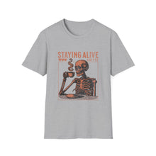 Load image into Gallery viewer, Stay Alive Coffee Skeleton T-Shirt | Unisex Casual Tee | Perfect Gift for Coffee Lovers, Halloween, & Quirky Fashion