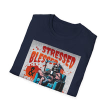Load image into Gallery viewer, Stressed & Blessed True Crime Obsessed T-Shirt, Graphic Tee for True Crime Lovers, Gift for Stay-at-Home Days, Casual Wear, Gift for Friends