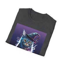 Load image into Gallery viewer, Magical Cat T-Shirt, Unisex Softstyle Tee, Halloween Costume Shirt, Wizard Cat Apparel, Gift for Cat Lovers, Witch Kitty Tee