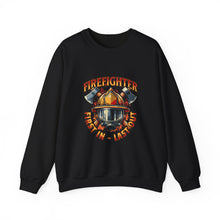 Load image into Gallery viewer, Firefighter Crewneck Sweatshirt - First In Last Out, Unisex Sweatshirt, Firefighter Gift, Casual Warmth, Everyday Apparel