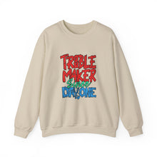 Load image into Gallery viewer, Troublemaker Crewneck Sweatshirt | Comfortable Casual Wear, Fun Gift, Holiday Sweatshirt, Unique Fashion, Day One Wear