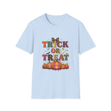 Load image into Gallery viewer, Halloween Trick or Treat Unisex Softstyle T-Shirt | Fun Halloween Tee, Spooky Shirt, Fall Apparel, Trick or Treat Shirt, Costume Party Top
