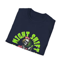 Load image into Gallery viewer, Halloween Night Shift Skeleton T-Shirt, Unisex Graphic Tee, Spooky Shirt for Halloween, Gifts for Nurses, Night Owls