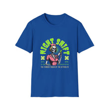 Load image into Gallery viewer, Halloween Night Shift Skeleton T-Shirt, Unisex Graphic Tee, Spooky Shirt for Halloween, Gifts for Nurses, Night Owls
