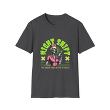 Load image into Gallery viewer, Halloween Night Shift Skeleton T-Shirt, Unisex Graphic Tee, Spooky Shirt for Halloween, Gifts for Nurses, Night Owls
