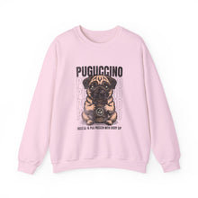 Load image into Gallery viewer, Pugcino Crewneck Sweatshirt, Cute Dog Lover Gift, Cozy Sweatshirt, Unisex Fashion, Pet Enthusiast Apparel, Perfect for Fall