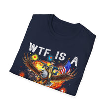 Load image into Gallery viewer, Witty Graphic Tee - "WTF is a Kilometer?" | Unisex Softstyle T-Shirt for Travel Lovers, Funnies, Humor Gifts, Casual Wear, Everyday Use