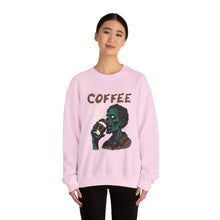 Load image into Gallery viewer, Zombies & Coffee Crewneck Sweatshirt, Unique Gift for Coffee Lovers, Fun Graphic Sweatshirt, Halloween Apparel, Cozy Unisex Top
